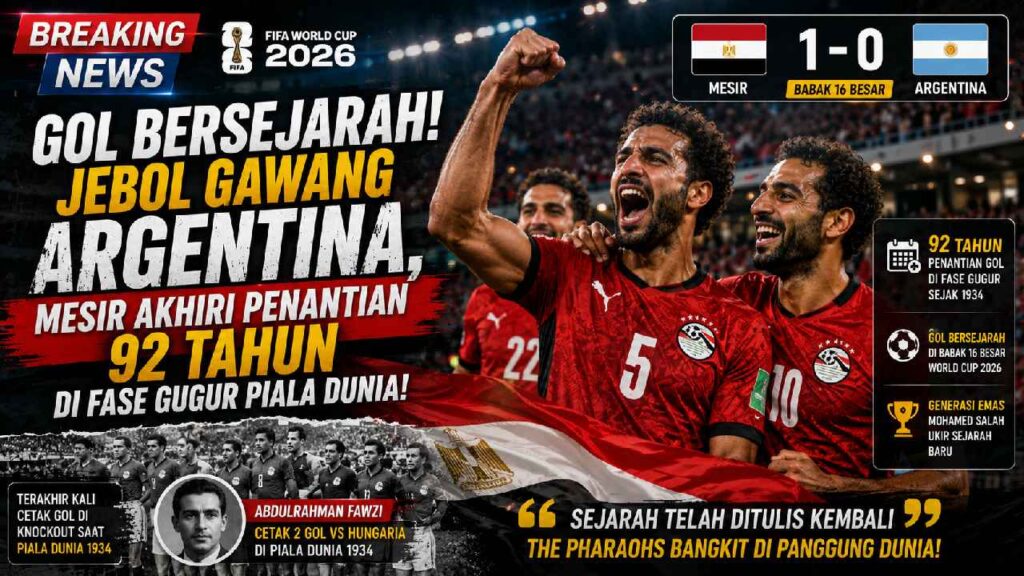 Gol Bersejarah Mesir ke Gawang Argentina Akhiri Penantian 92 Tahun di Fase Gugur Piala Dunia