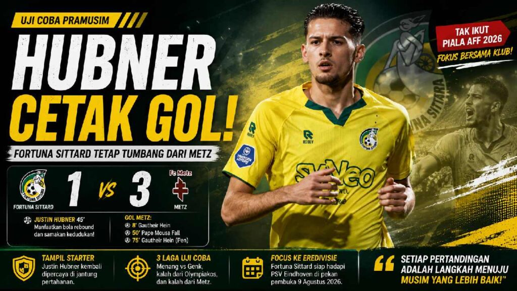 Justin Hubner Cetak Gol Meski Absen di Piala AFF 2026, Fortuna Sittard Tetap Tumbang dari Metz