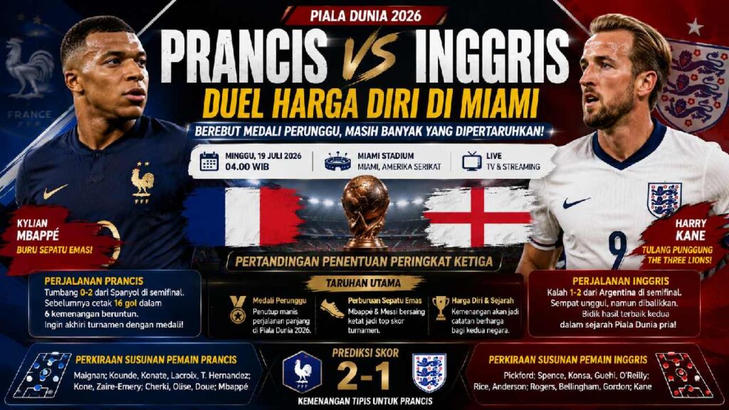 Prancis Vs Inggris Berebut Perunggu Piala Dunia 2026, Duel Harga Diri di Miami