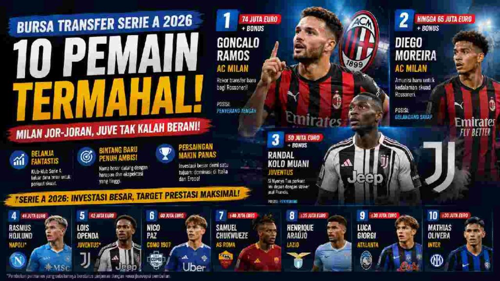 10 Pemain Termahal Serie A Musim Panas 2026, AC Milan Pimpin Belanja Besar